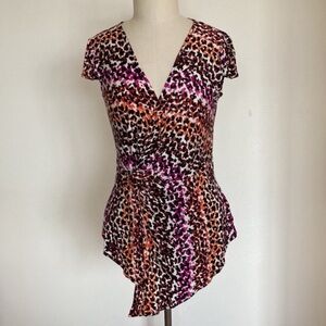 Asymmetrical leopard print top, soft knit, faux wrap twist, M
